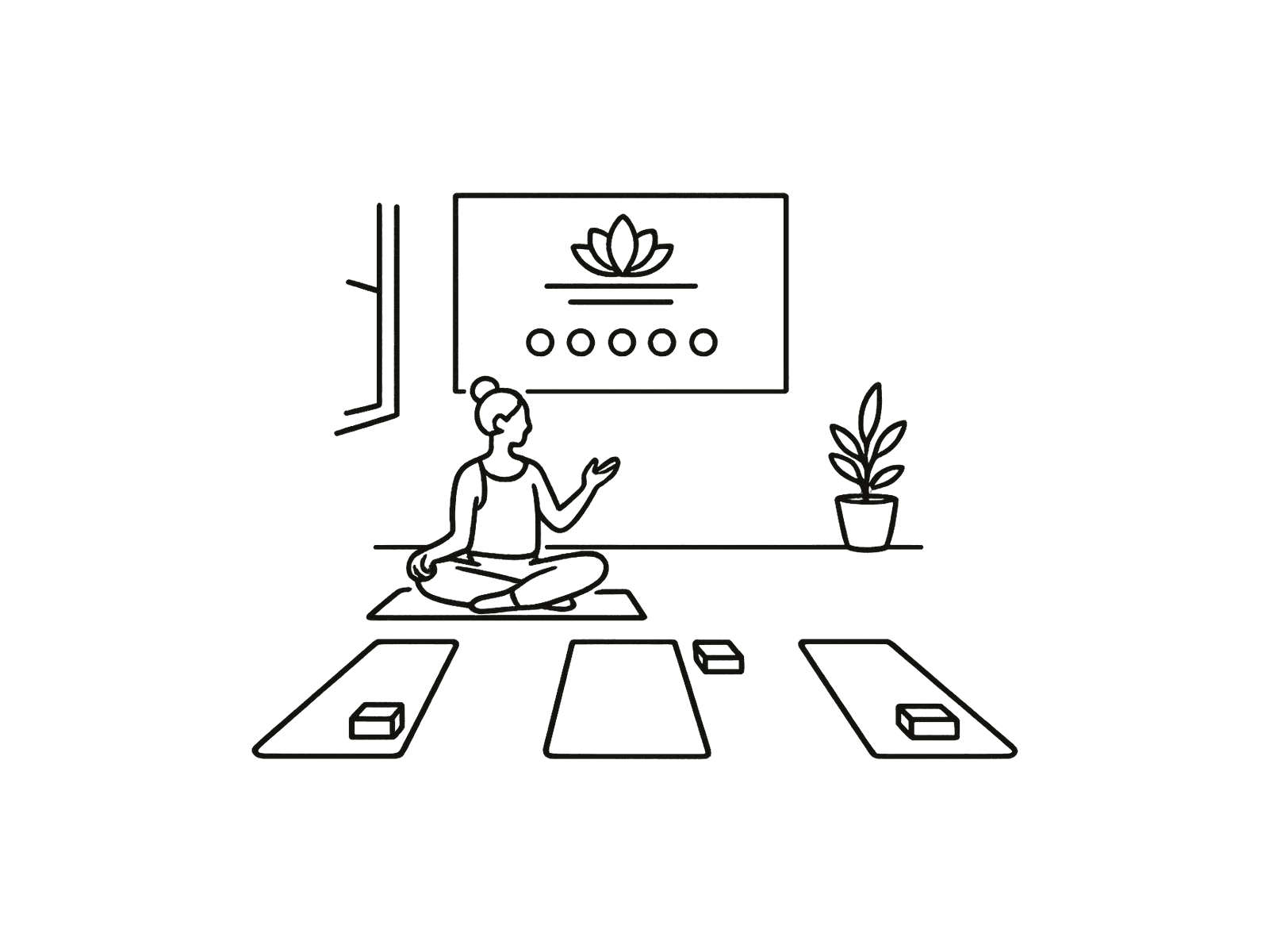 An instructor leading a class on mats, with spare mats and blocks laid out