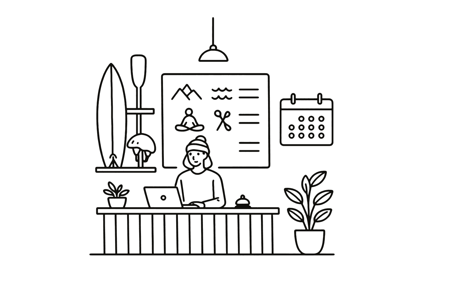 An operator at a front desk with a laptop, a board of activity and service icons, rental gear on a shelf, and a calendar