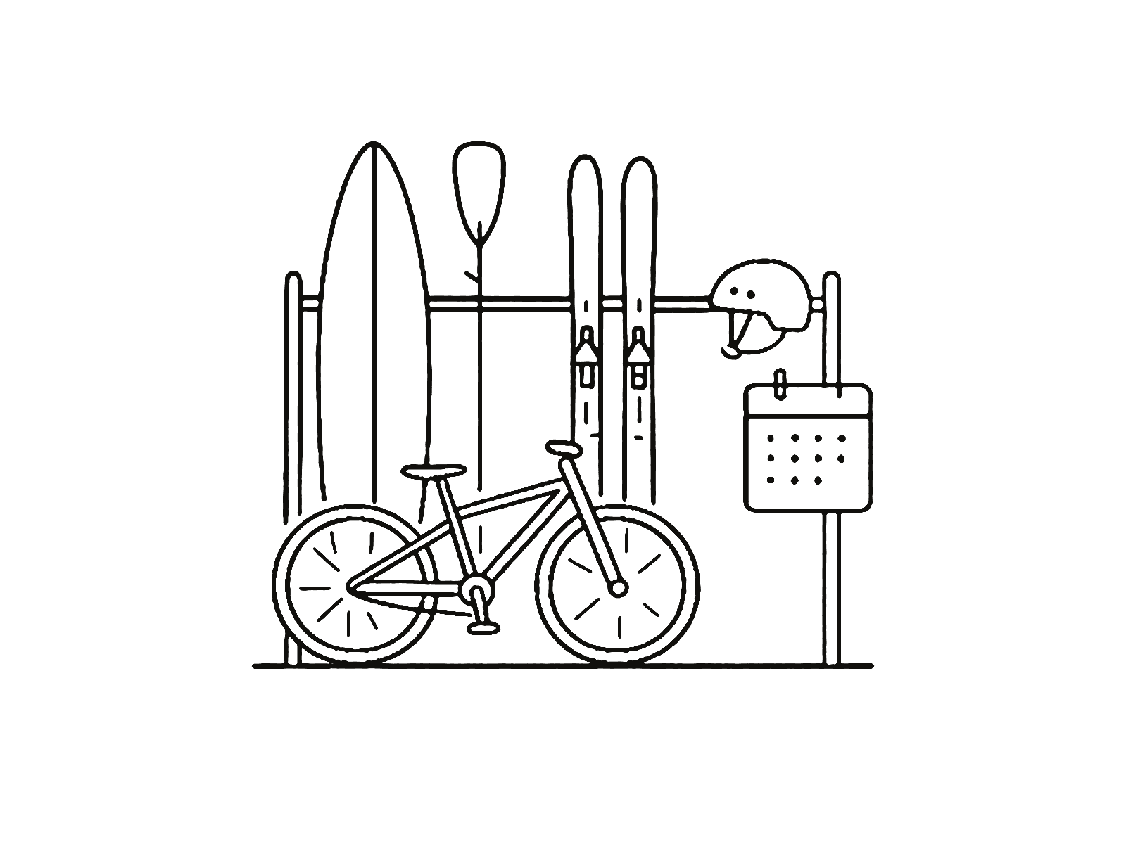 A rental gear rack holding a surfboard, paddle, skis, helmet, and bicycle beside a wall calendar