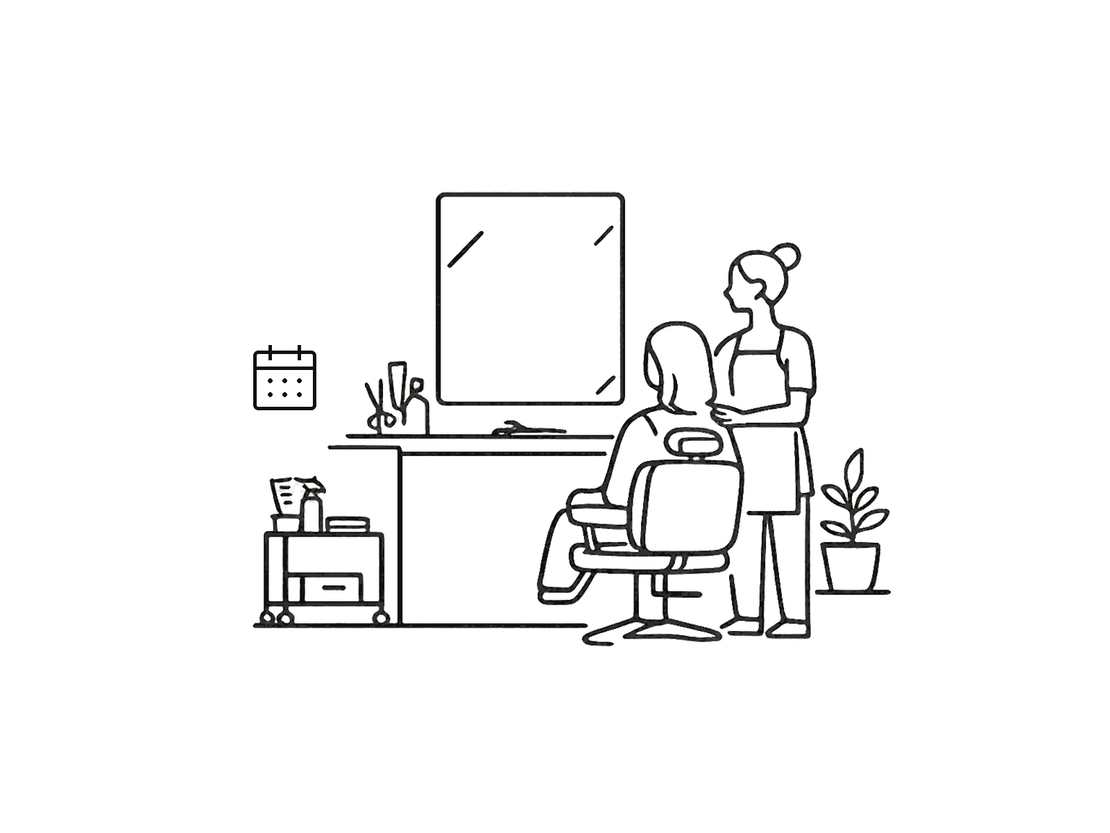A salon stylist attending to a seated client at a mirror station, with tools on a trolley