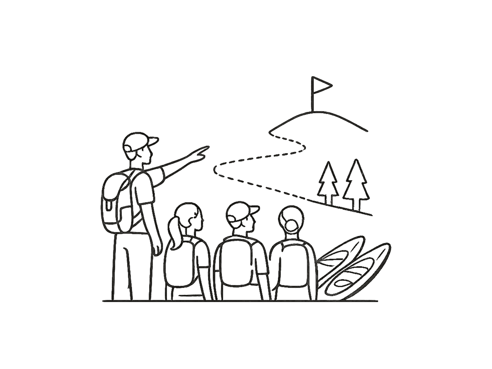A guide pointing out a trail to a summit while leading a small group with backpacks
